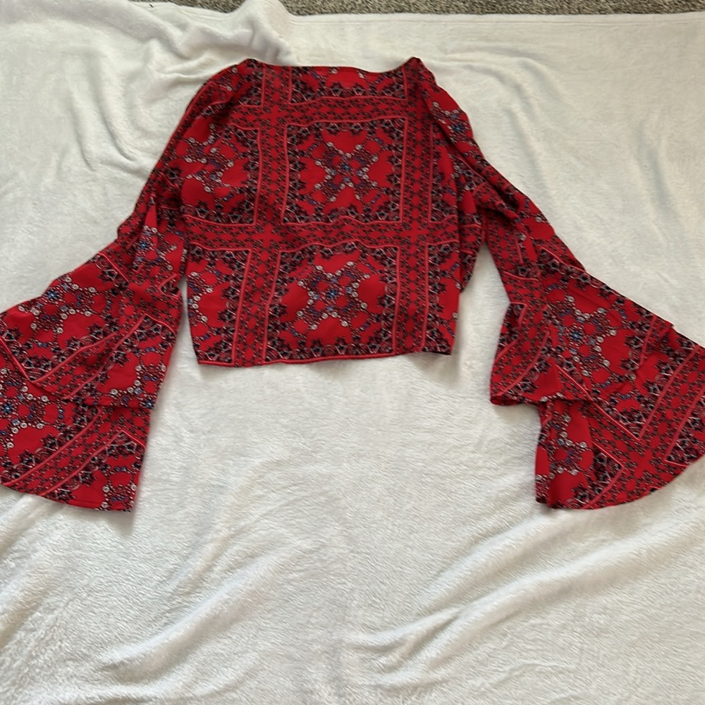 Altar'd State Red and Black Ruffled Tie Front Blouse - Picture 3 of 5